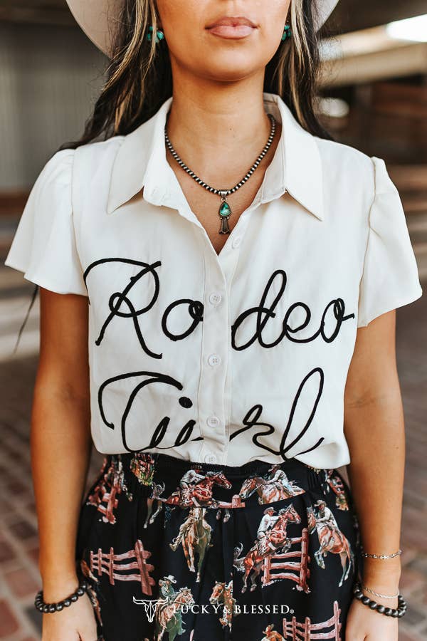 Ivory Rodeo Girl Embroidered Puff Sleeve Button Down Top