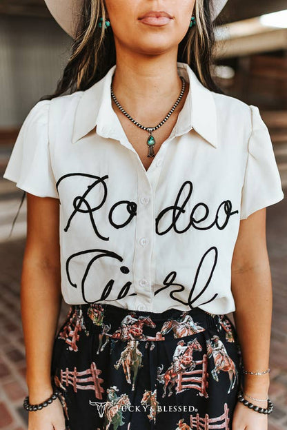Ivory Rodeo Girl Embroidered Puff Sleeve Button Down Top