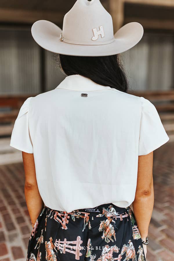 Ivory Rodeo Girl Embroidered Puff Sleeve Button Down Top