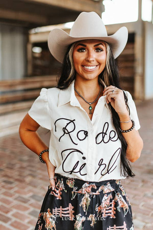 Ivory Rodeo Girl Embroidered Puff Sleeve Button Down Top