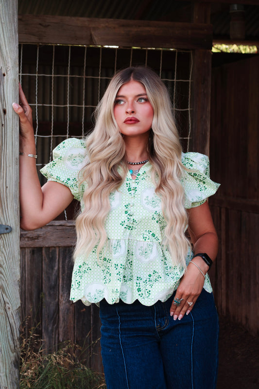 Green floral puff sleeve