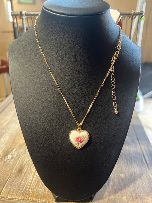 Pink rose heart necklace (large