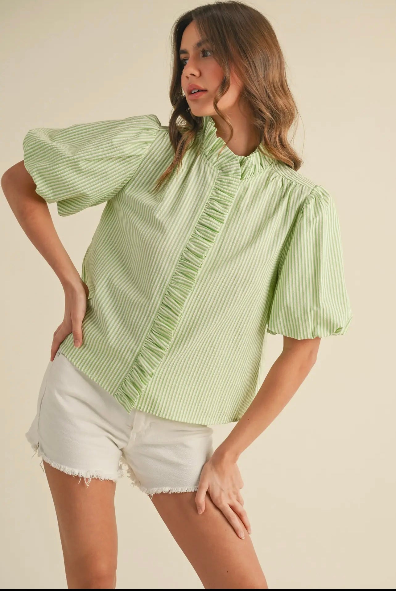Green strip ruffle top