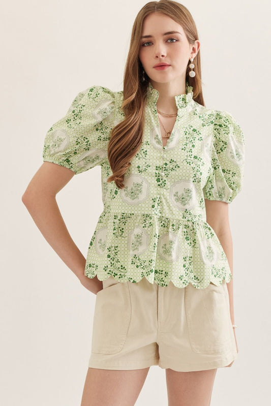 Green floral puff sleeve