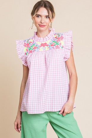 Pink gingham floral top