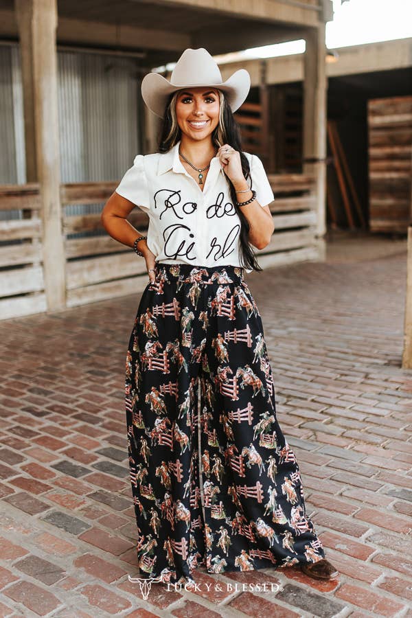 Ivory Rodeo Girl Embroidered Puff Sleeve Button Down Top