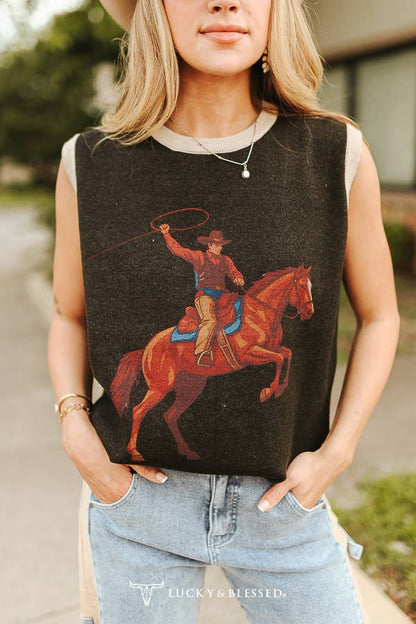 Black  Knit Western Cowboy Sweater Vest
