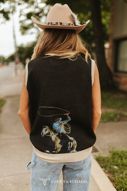 Black  Knit Western Cowboy Sweater Vest