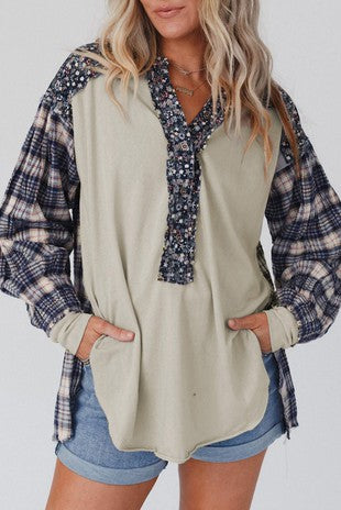 plaid mixed print top